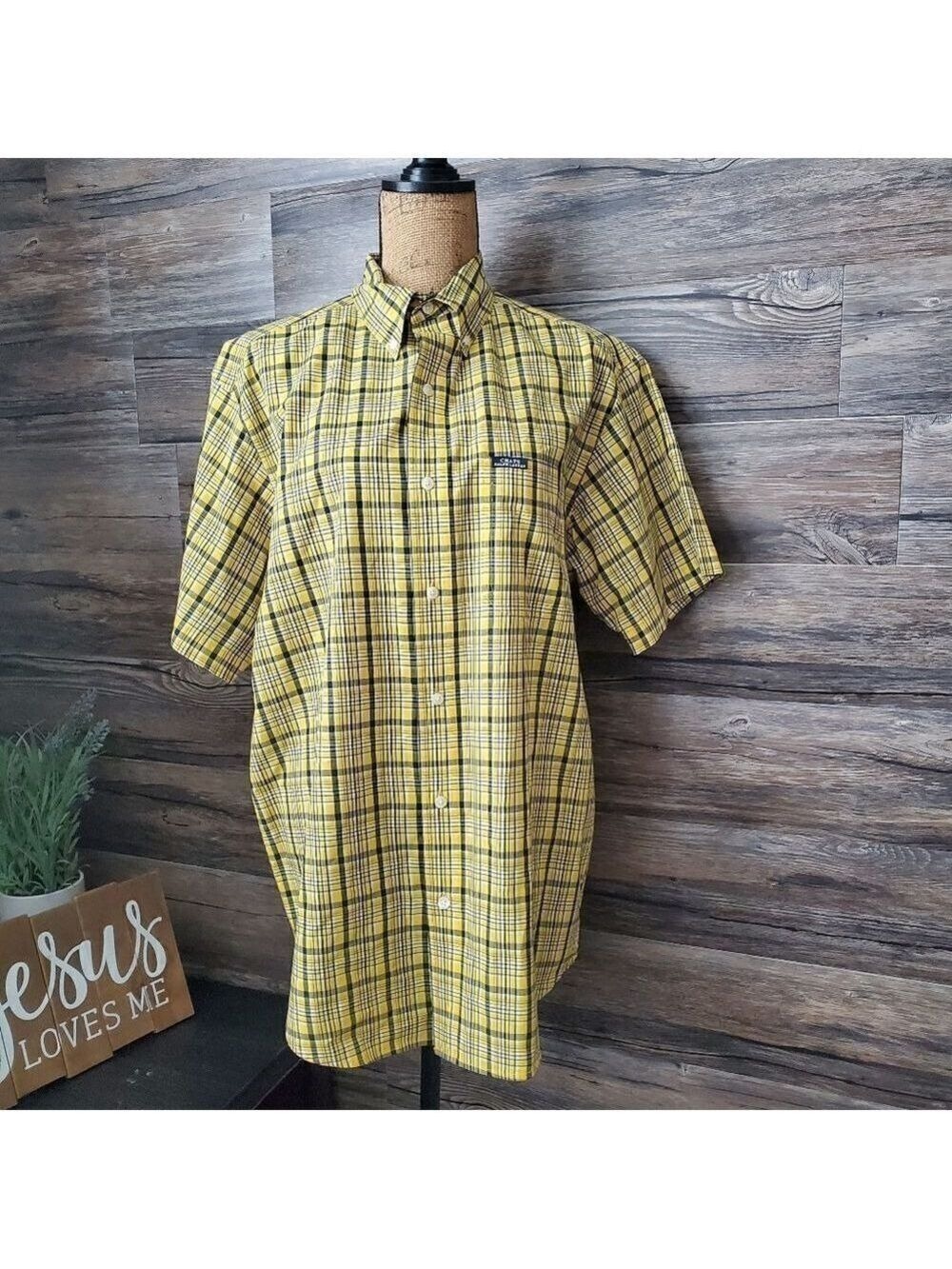 Chaps Ralph Lauren Mens Yellow Plaid Short Sleeve Button Down Shirt Medium